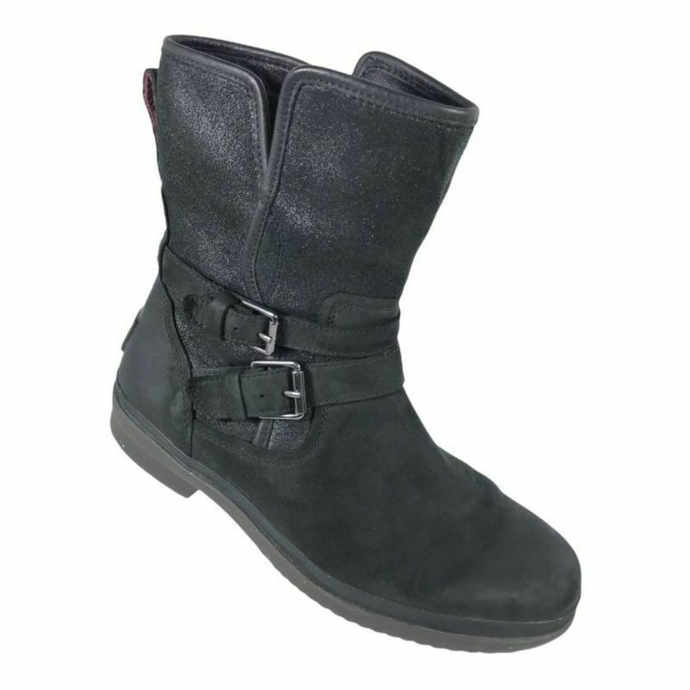 UGG Simmons Womens Black Leather Buckle Ankle Boots Size 8